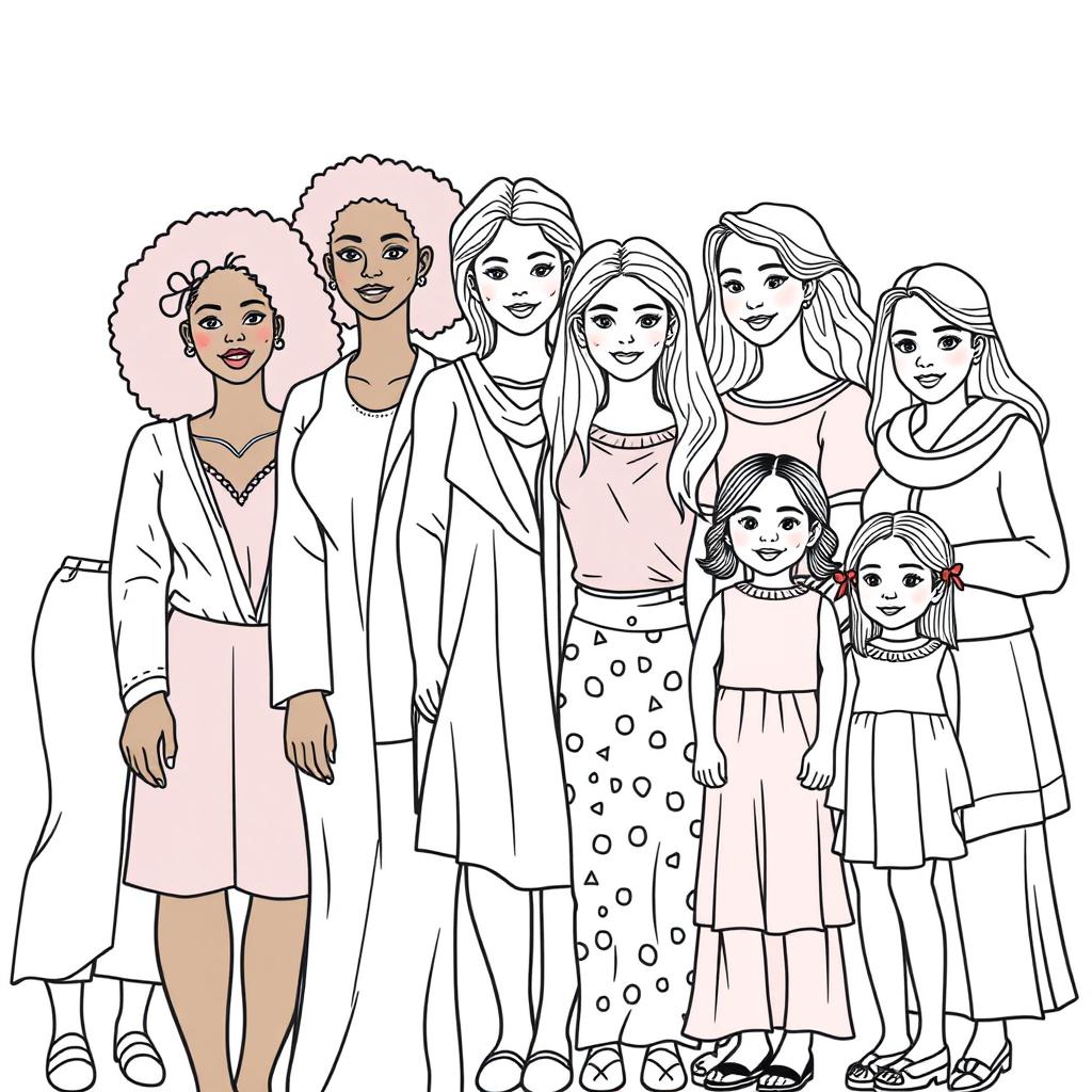 A realistic line drawing for a coloring book featuring a diverse group of women and girls of various ethnicities including Black, White, Brown, and Asian