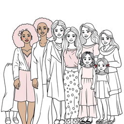 A realistic line drawing for a coloring book featuring a diverse group of women and girls of various ethnicities including Black, White, Brown, and Asian