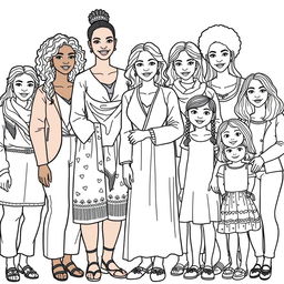 A realistic line drawing for a coloring book featuring a diverse group of women and girls of various ethnicities including Black, White, Brown, and Asian