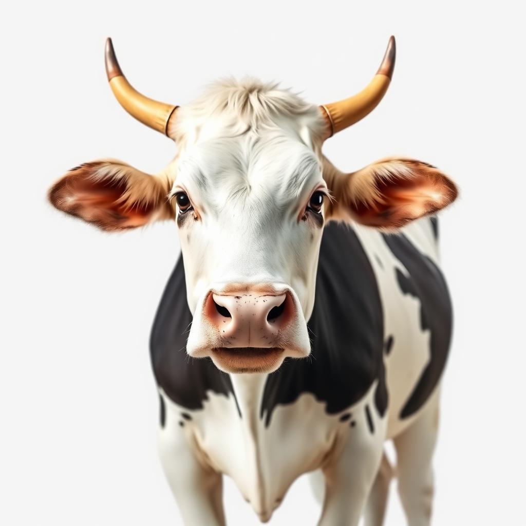 A cow standing confidently, facing the camera, captured from a distance against a clean white background