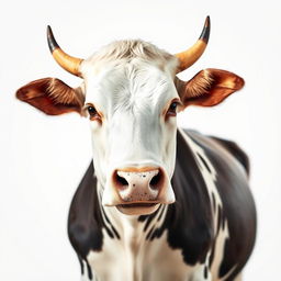 A cow standing confidently, facing the camera, captured from a distance against a clean white background