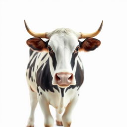 A cow standing confidently, facing the camera, captured from a distance against a clean white background