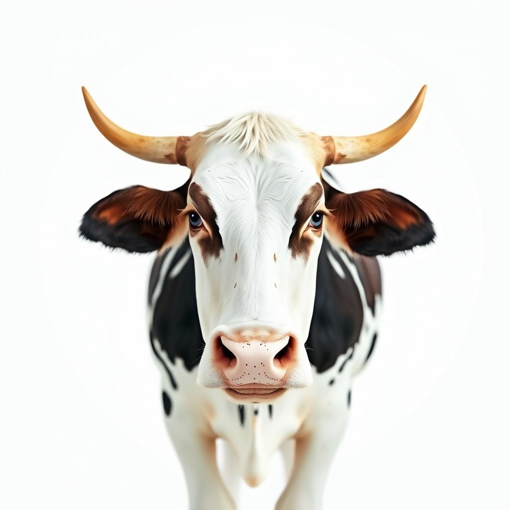 A cow standing confidently, facing the camera, captured from a distance against a clean white background