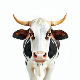 A cow standing confidently, facing the camera, captured from a distance against a clean white background