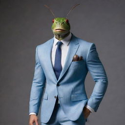 A muscular cricket wearing a stylish suit