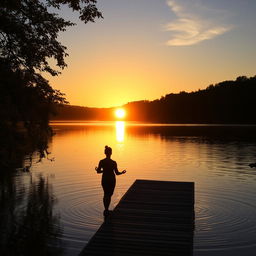 A serene landscape featuring a vibrant golden sunset casting warm hues across a tranquil lake