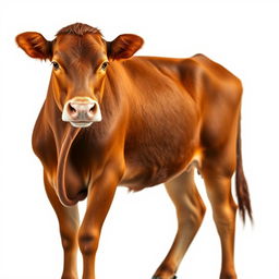 A brown cow standing proudly, facing the camera, captured from a distance against a clean white background