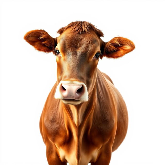 A brown cow standing proudly, facing the camera, captured from a distance against a clean white background