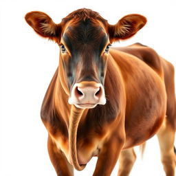 A brown cow standing proudly, facing the camera, captured from a distance against a clean white background