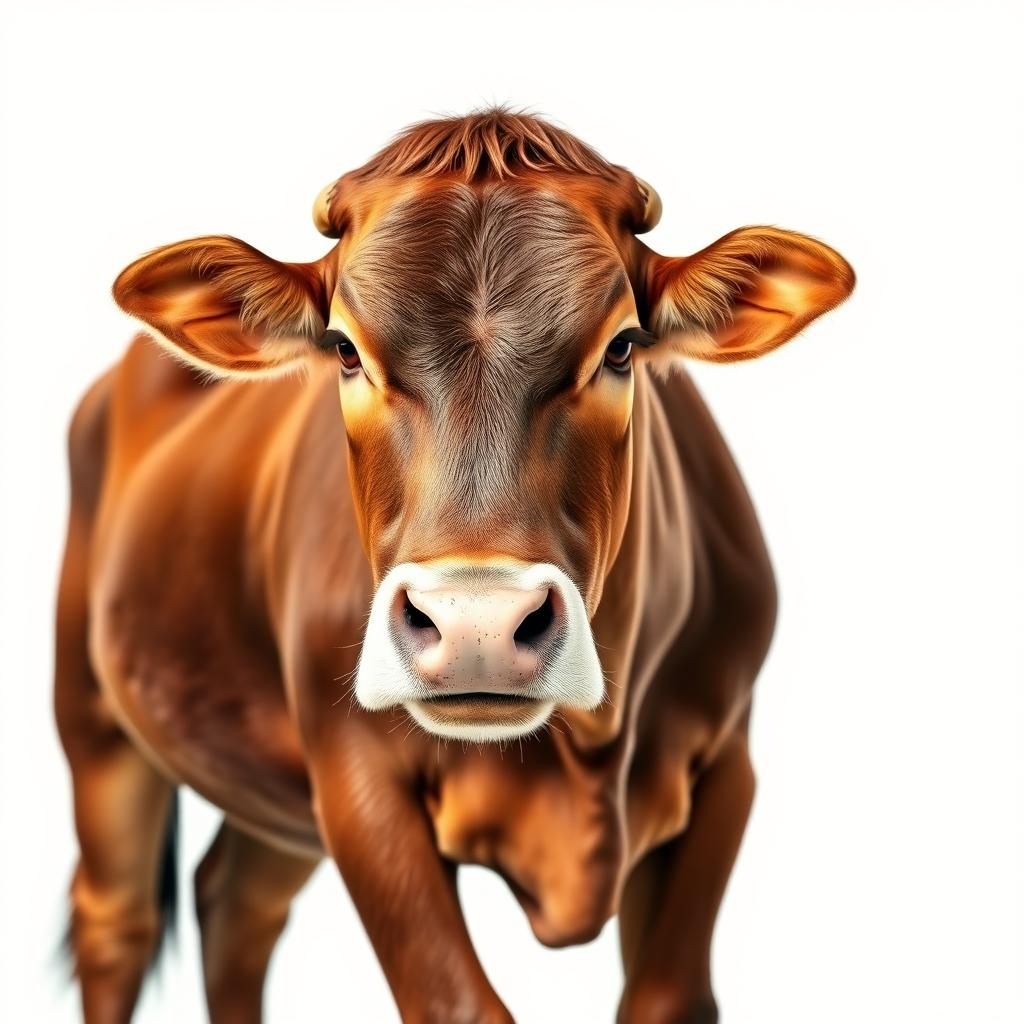 A brown cow standing proudly, facing the camera, captured from a distance against a clean white background