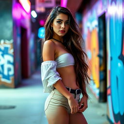 A beautifully styled young woman poses confidently in an urban setting, wearing a fashionable outfit that accentuates her figure