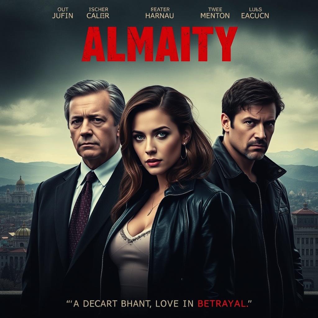 A dramatic and moody poster for a Hollywood drama about infidelity set in Almaty in the 1990s