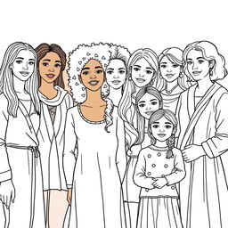 A highly detailed line drawing for a coloring book featuring a realistic and diverse group of women and girls of various ethnicities, including Black, White, and Brown