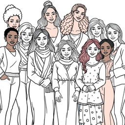 A highly detailed line drawing for a coloring book featuring a realistic and diverse group of women and girls of various ethnicities, including Black, White, and Brown