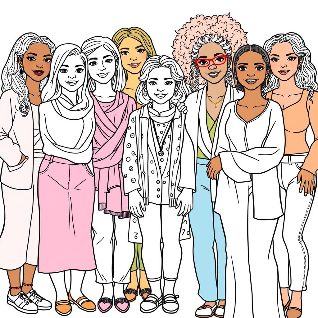 A highly detailed line drawing for a coloring book featuring a realistic and diverse group of women and girls of various ethnicities, including Black, White, and Brown