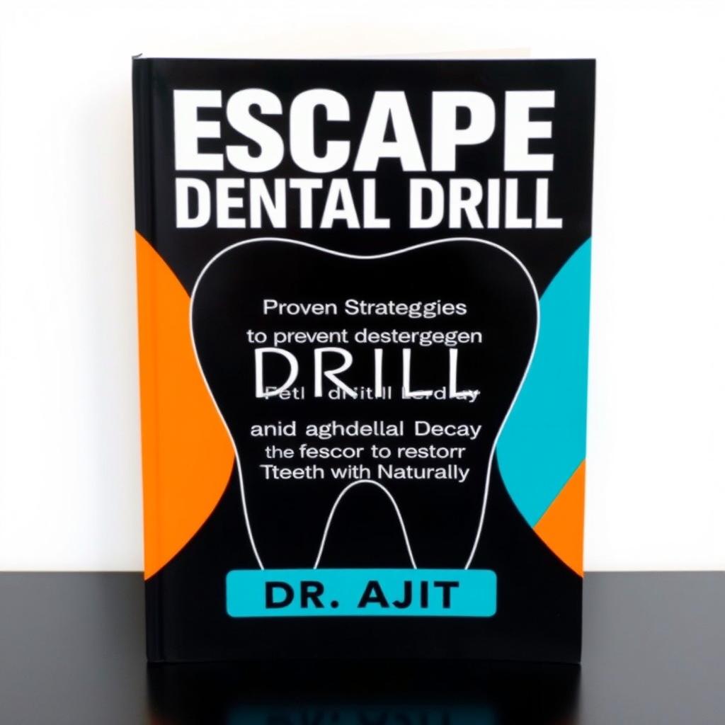 A book cover design featuring a large, bold title "ESCAPE THE DENTAL DRILL" in white text against a solid black background, shaped like a tooth