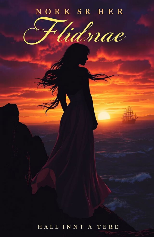 A captivating novel cover featuring a mysterious silhouette of a woman standing on a cliff overlooking a dark, stormy sea at sunset