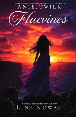 A captivating novel cover featuring a mysterious silhouette of a woman standing on a cliff overlooking a dark, stormy sea at sunset