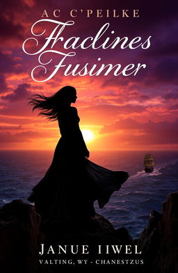 A captivating novel cover featuring a mysterious silhouette of a woman standing on a cliff overlooking a dark, stormy sea at sunset