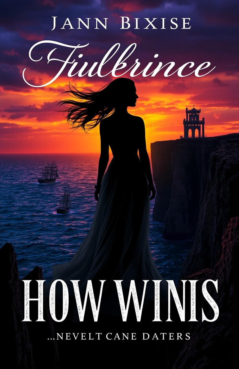 A captivating novel cover featuring a mysterious silhouette of a woman standing on a cliff overlooking a dark, stormy sea at sunset