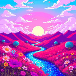 A mesmerizing piece of pixel art showcasing a vibrant and surreal landscape