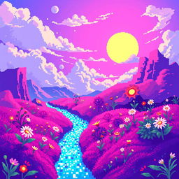 A mesmerizing piece of pixel art showcasing a vibrant and surreal landscape