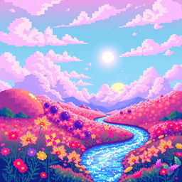 A mesmerizing piece of pixel art showcasing a vibrant and surreal landscape