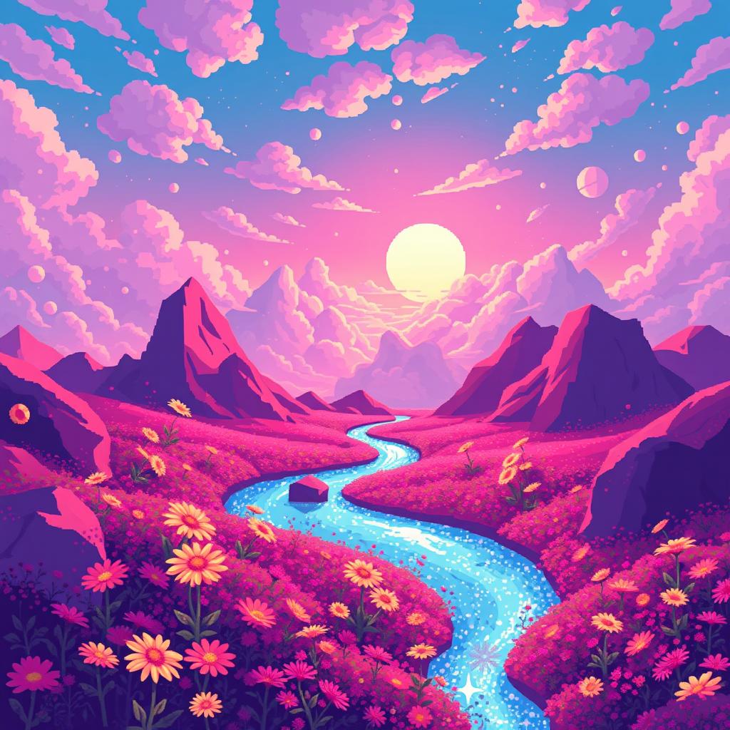 A mesmerizing piece of pixel art showcasing a vibrant and surreal landscape