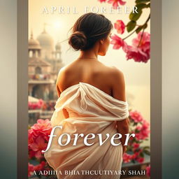 A captivating novel cover for "April Forever" by Radhika Bhattacharyya Shah, featuring a woman in a flowing white sari, her bare shoulder gracefully visible