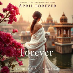 A captivating novel cover for "April Forever" by Radhika Bhattacharyya Shah, featuring a woman in a flowing white sari, her bare shoulder gracefully visible