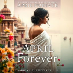 A captivating novel cover for "April Forever" by Radhika Bhattacharyya Shah, featuring a woman in a flowing white sari, her bare shoulder gracefully visible