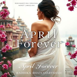 A captivating novel cover for "April Forever" by Radhika Bhattacharyya Shah, featuring a woman in a flowing white sari, her bare shoulder gracefully visible