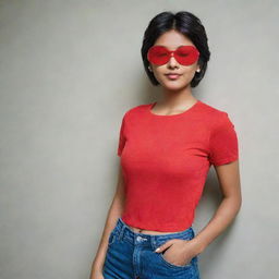 An Indian girl with short hair, sporting an eyepatch, wearing a vibrant red top and jeans.