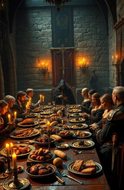 A captivating scene from a medieval mystery novel, showcasing a grand dining table set in a lavish castle banquet hall