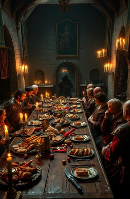 A captivating scene from a medieval mystery novel, showcasing a grand dining table set in a lavish castle banquet hall