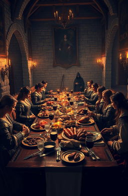 A captivating scene from a medieval mystery novel, showcasing a grand dining table set in a lavish castle banquet hall