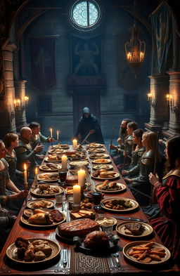 A captivating scene from a medieval mystery novel, showcasing a grand dining table set in a lavish castle banquet hall