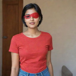 An Indian girl with short hair, sporting an eyepatch, wearing a vibrant red top and jeans.