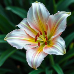 A stunning close-up of a broken lily in full bloom, capturing its delicate petals that are slightly torn and scattered