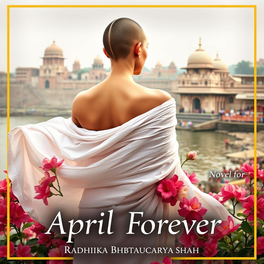 A novel cover for 'April Forever' by Radhika Bhattacharyya Shah, featuring an ethereal scene depicting a woman in a flowing white sari with her back facing the viewer, showcasing her bare shoulder and tonsured head