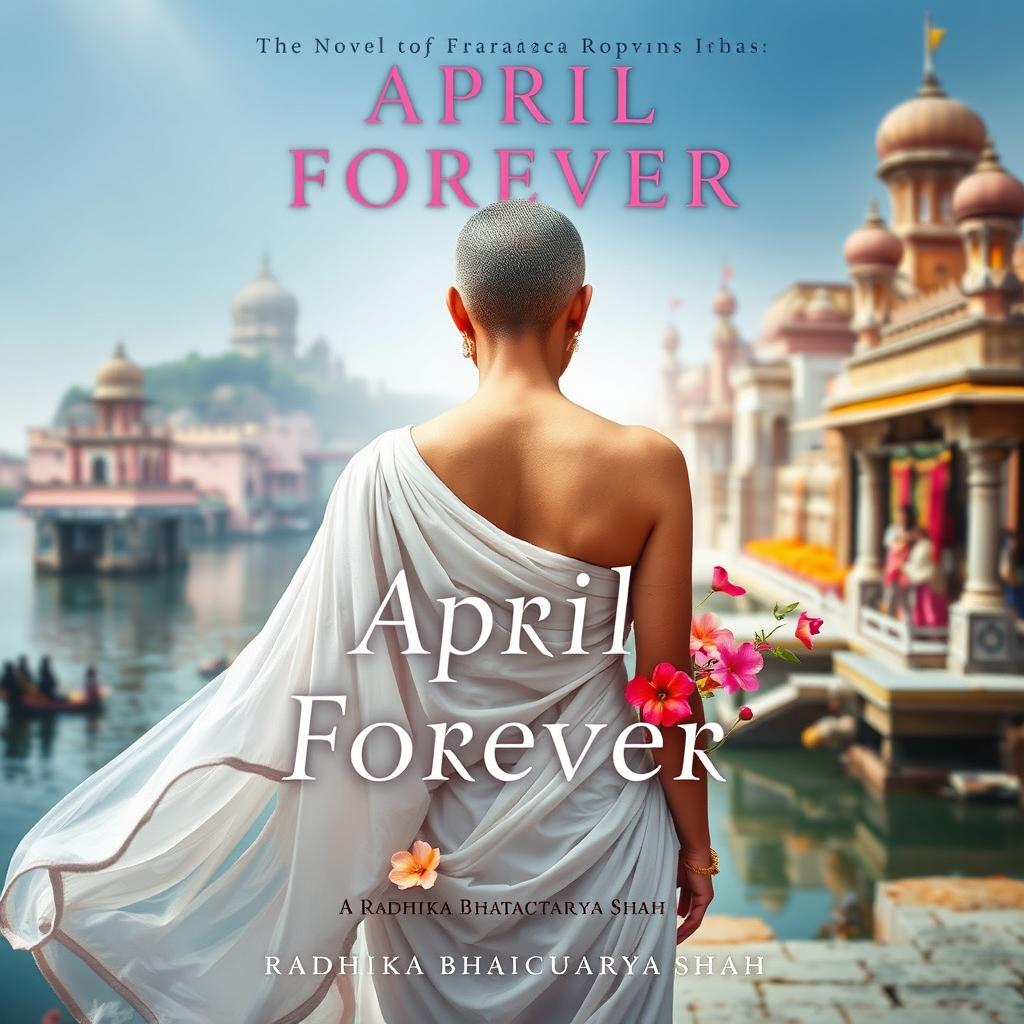 A novel cover for 'April Forever' by Radhika Bhattacharyya Shah, featuring an ethereal scene depicting a woman in a flowing white sari with her back facing the viewer, showcasing her bare shoulder and tonsured head