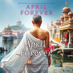 A novel cover for 'April Forever' by Radhika Bhattacharyya Shah, featuring an ethereal scene depicting a woman in a flowing white sari with her back facing the viewer, showcasing her bare shoulder and tonsured head