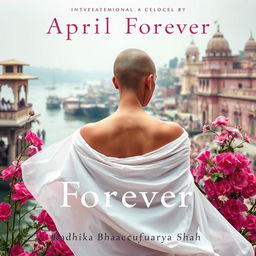 A novel cover for 'April Forever' by Radhika Bhattacharyya Shah, featuring an ethereal scene depicting a woman in a flowing white sari with her back facing the viewer, showcasing her bare shoulder and tonsured head