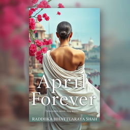 A novel cover for 'April Forever' by Radhika Bhattacharyya Shah, featuring an ethereal scene depicting a woman in a flowing white sari with her back facing the viewer, showcasing her bare shoulder and tonsured head