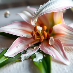 A breathtaking close-up of a shattered lily, its delicate petals breaking apart gracefully, showing intricate details and textures