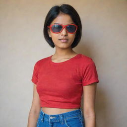 An Indian girl with short hair, sporting an eyepatch, wearing a vibrant red top and jeans.