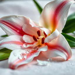 A breathtaking close-up of a shattered lily, its delicate petals breaking apart gracefully, showing intricate details and textures