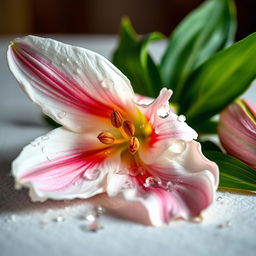 A breathtaking close-up of a shattered lily, its delicate petals breaking apart gracefully, showing intricate details and textures