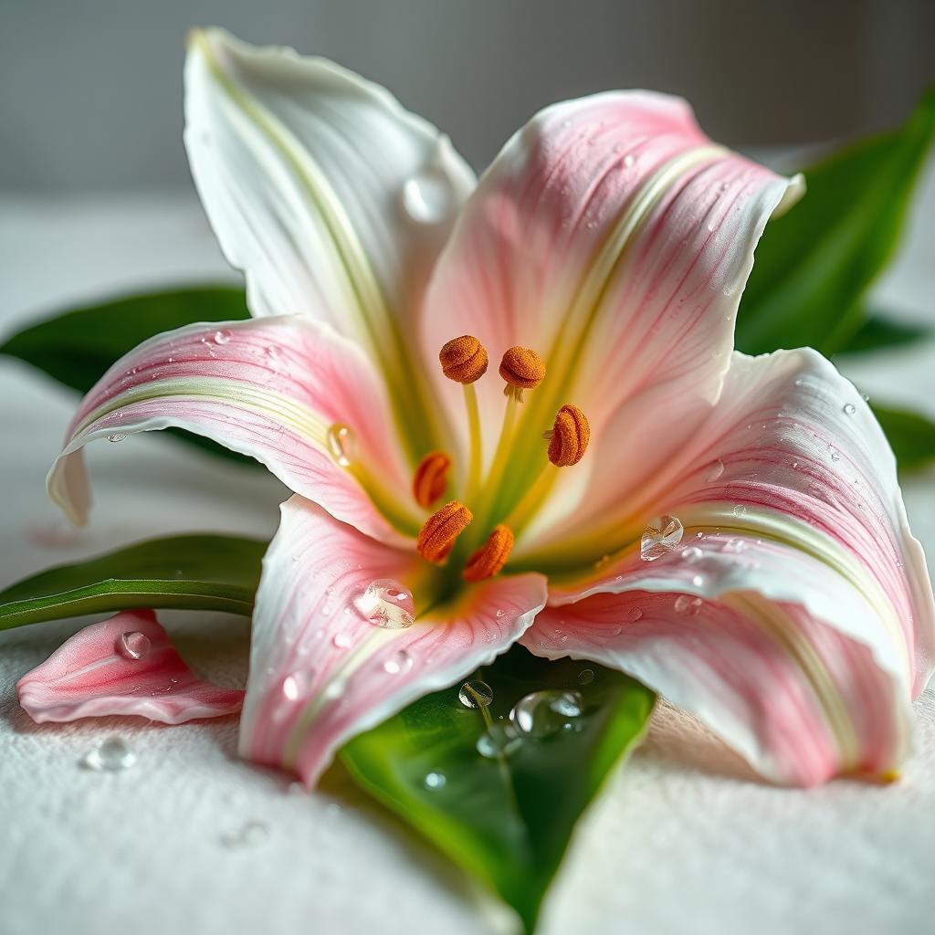 A breathtaking close-up of a shattered lily, its delicate petals breaking apart gracefully, showing intricate details and textures