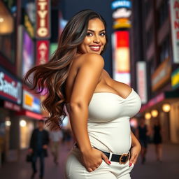 A curvy woman with large breasts wearing a stylish outfit that accentuates her figure, standing confidently against a vibrant city backdrop